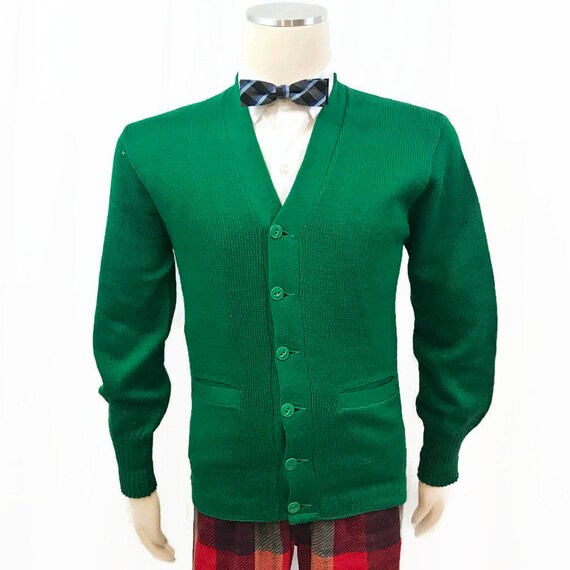 Vintage 50s 60s Cardigan Sweater Mens Green Wool V