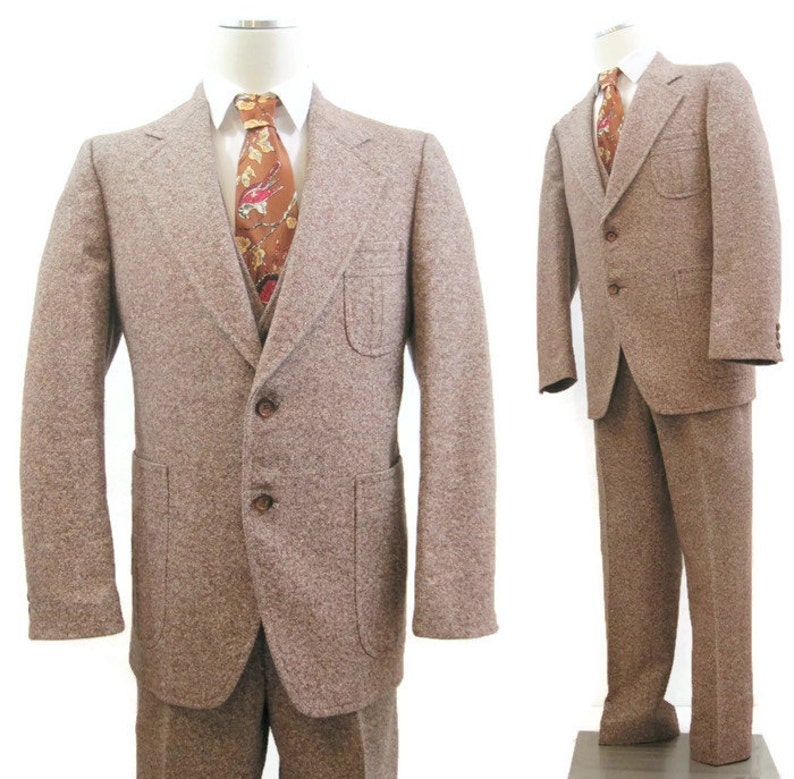 Vintage 3 Piece Suit Tweed Flecked Wool Jacket vest trousers 42