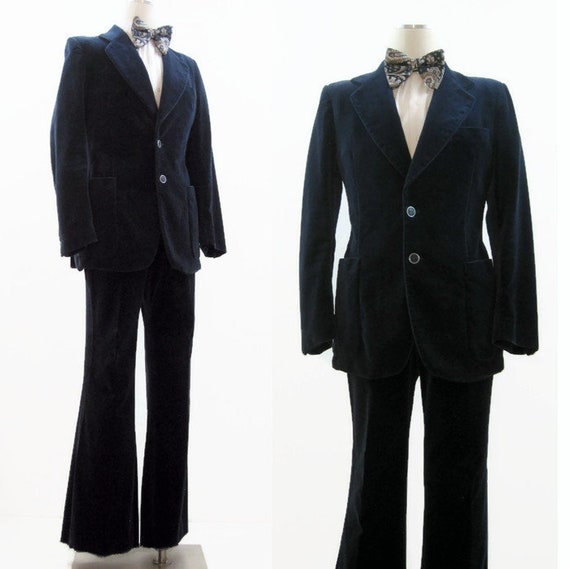 Vintage 1970s Velvet Suit Men's Blue 2 Piece Pants