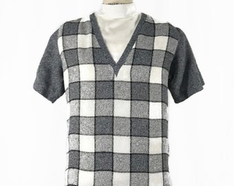 Vintage 60s Top Towncraft MOD Checkered Short Sleeve Mock neck V inset Grey Black White Sweater Shirt AS IS