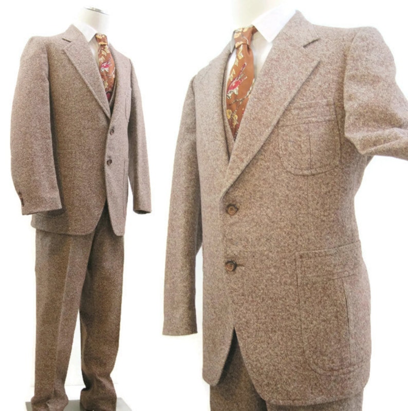 Vintage 3 Piece Suit Tweed Flecked Wool Jacket vest trousers 42