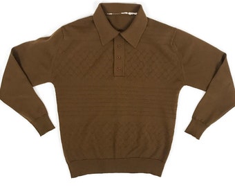 Vintage 70s Sweater Polo collar henley Brown Polyester knit