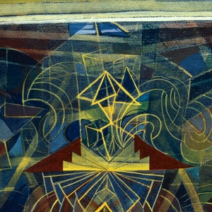 Peut inclure: Peinture abstraite avec des formes g&eacute;om&eacute;triques dans des tons de bleu, vert, jaune et marron. La peinture pr&eacute;sente des lignes et des formes qui se chevauchent, cr&eacute;ant une impression de profondeur et de mouvement.