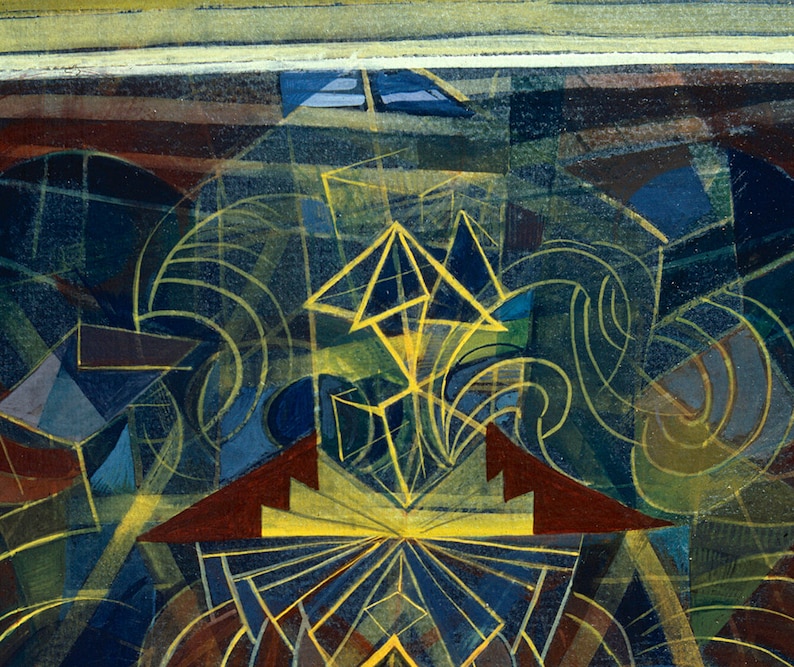 Peut inclure: Peinture abstraite avec des formes g&eacute;om&eacute;triques dans des tons de bleu, vert, jaune et marron. La peinture pr&eacute;sente des lignes et des formes qui se chevauchent, cr&eacute;ant une impression de profondeur et de mouvement.
