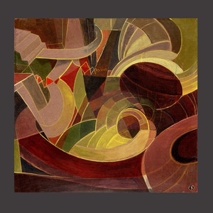 May include: Abstract painting with geometric shapes in shades of brown, red, yellow, and green. The painting features curved lines and overlapping shapes, creating a sense of depth and movement.