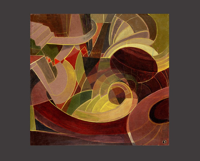 May include: Abstract painting with geometric shapes in shades of brown, red, yellow, and green. The painting features curved lines and overlapping shapes, creating a sense of depth and movement.