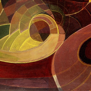 May include: Abstract painting with geometric shapes in shades of red, brown, yellow, and green. The shapes are layered and overlapping, creating a sense of depth and movement.