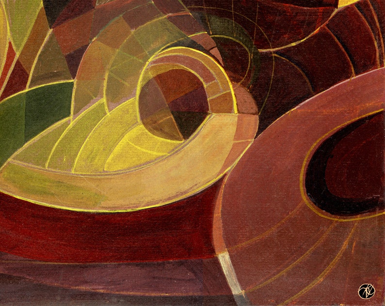 May include: Abstract painting with geometric shapes in shades of red, brown, yellow, and green. The shapes are layered and overlapping, creating a sense of depth and movement.