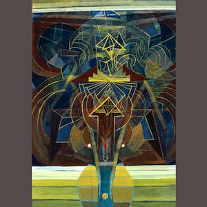 May include: Abstract painting with geometric shapes and patterns in shades of brown, blue, and yellow. The painting features a central motif of a cross with a star at its center.