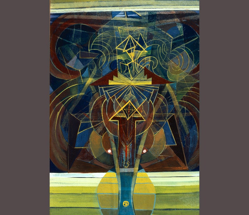 Peut inclure: Peinture abstraite avec des formes g&eacute;om&eacute;triques et des motifs dans des tons de brun, bleu et jaune. La peinture pr&eacute;sente un motif central en forme de croix avec une &eacute;toile au centre.