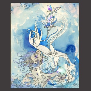 May include: A watercolour painting of a blue and white mythical creature with a hand in a mudra gesture. The creature is surrounded by clouds and a lotus flower.