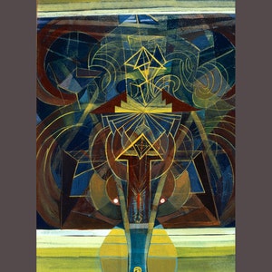 Peut inclure: Peinture abstraite avec des formes g&eacute;om&eacute;triques dans des tons de bleu, brun, jaune et or. La peinture pr&eacute;sente une forme verticale centrale avec un sommet pointu et une s&eacute;rie de cercles et de triangles qui se chevauchent.