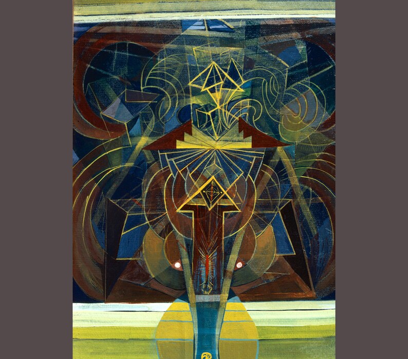 Peut inclure: Peinture abstraite avec des formes g&eacute;om&eacute;triques dans des tons de bleu, brun, jaune et or. La peinture pr&eacute;sente une forme verticale centrale avec un sommet pointu et une s&eacute;rie de cercles et de triangles qui se chevauchent.