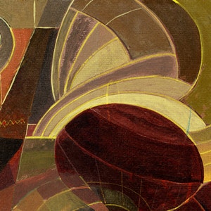 May include: Abstract painting with geometric shapes in shades of brown, gold, and red. The painting features curved lines and overlapping shapes, creating a sense of depth and movement.