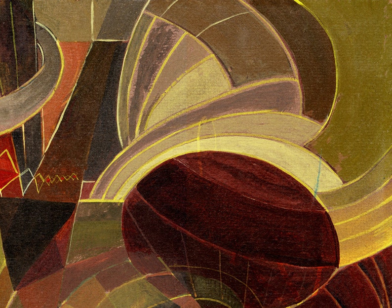 May include: Abstract painting with geometric shapes in shades of brown, gold, and red. The painting features curved lines and overlapping shapes, creating a sense of depth and movement.