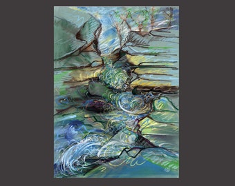 Puede incluir: Pintura abstracta de una cascada que cae por un acantilado rocoso. El agua se representa en tonos de azul y verde, con patrones de remolino y reflejos blancos. Las rocas son una mezcla de marrón, verde y gris, con un toque de amarillo.