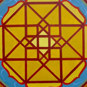 May include: A geometric pattern with a red and yellow colour scheme. The pattern is made up of squares and triangles, and it is centred in the image. The background is a blue and white colour.