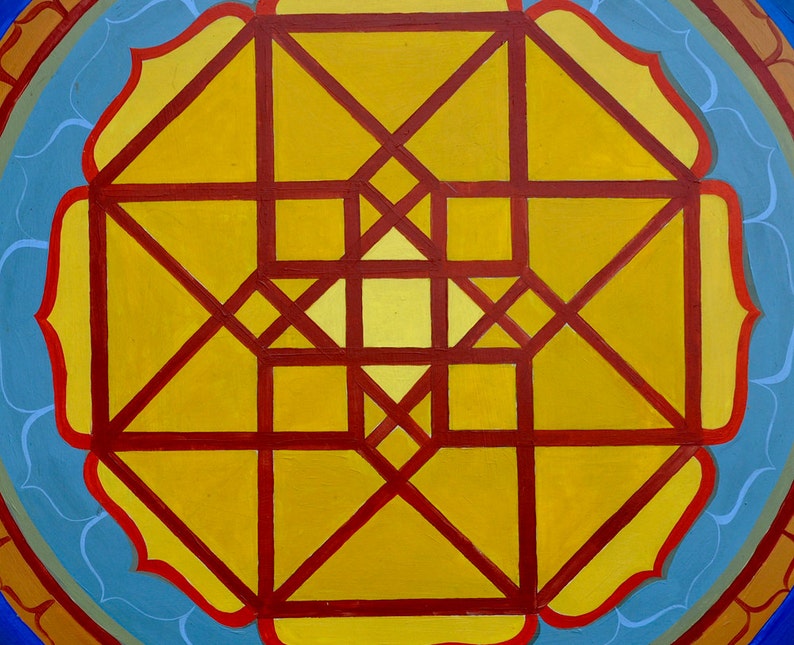 May include: A geometric pattern with a red and yellow colour scheme. The pattern is made up of squares and triangles, and it is centred in the image. The background is a blue and white colour.