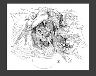 May include: A black and white line drawing of a snarling animal with multiple eyes and other animal features. The drawing is done in a stylized, abstract style.