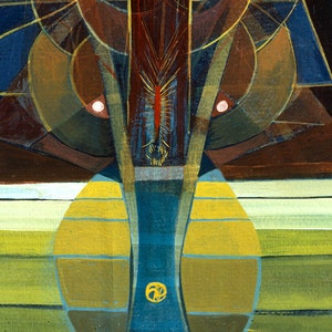 Peut inclure: Peinture abstraite avec des formes g&eacute;om&eacute;triques dans des tons de brun, bleu, vert et jaune. La peinture pr&eacute;sente une forme bleue centrale, verticale, avec un cercle jaune en bas.
