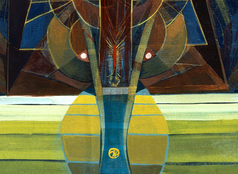 Peut inclure: Peinture abstraite avec des formes g&eacute;om&eacute;triques dans des tons de brun, bleu, vert et jaune. La peinture pr&eacute;sente une forme bleue centrale, verticale, avec un cercle jaune en bas.