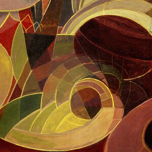 May include: Abstract painting with geometric shapes in shades of red, brown, yellow, and green. The shapes overlap and create a sense of depth and movement.