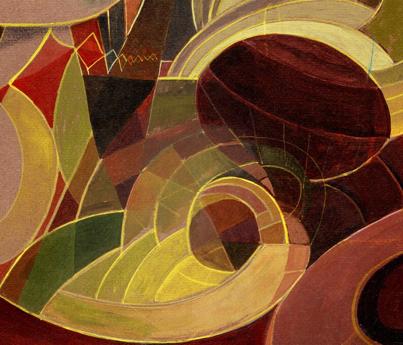 May include: Abstract painting with geometric shapes in shades of red, brown, yellow, and green. The shapes overlap and create a sense of depth and movement.