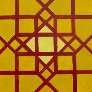 May include: Abstract geometric pattern with a central square surrounded by a grid of squares and triangles. The pattern is painted in shades of yellow and red.
