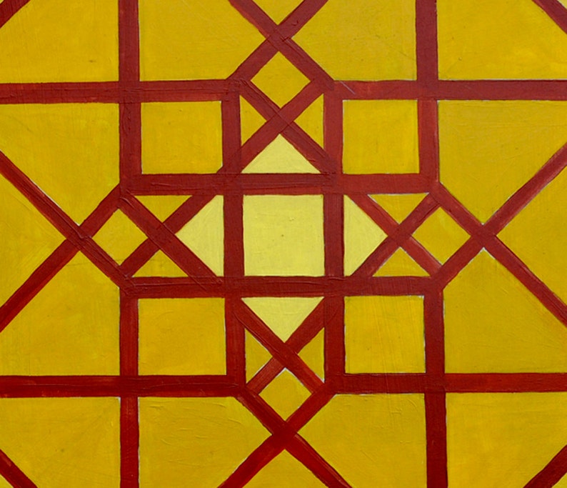May include: Abstract geometric pattern with a central square surrounded by a grid of squares and triangles. The pattern is painted in shades of yellow and red.
