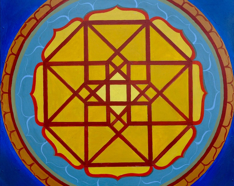 May include: A circular mandala design with a yellow centre and red lines forming a geometric pattern. The mandala is surrounded by a blue and brown border.