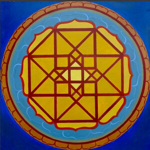 May include: A circular mandala design with a red and yellow geometric pattern. The mandala is surrounded by a blue and gold border.