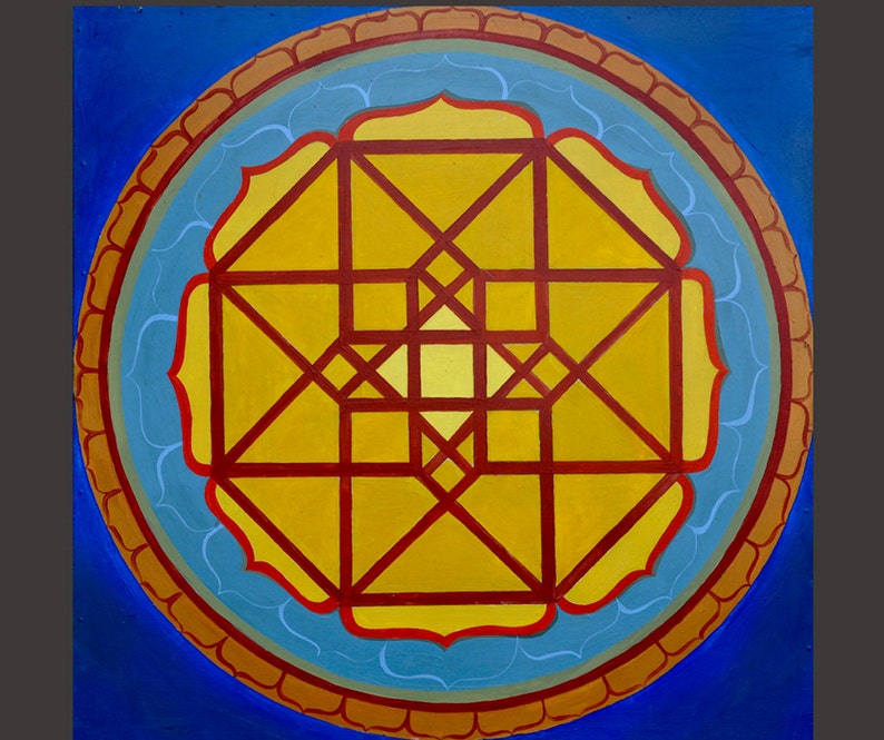 May include: A circular mandala design with a red and yellow geometric pattern. The mandala is surrounded by a blue and gold border.