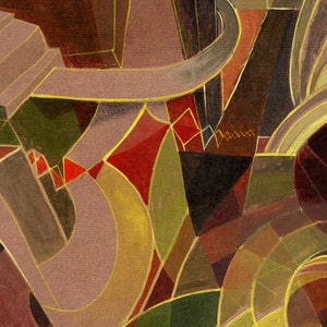 May include: Abstract painting with geometric shapes in shades of brown, red, green, and yellow. The shapes are outlined in gold paint.