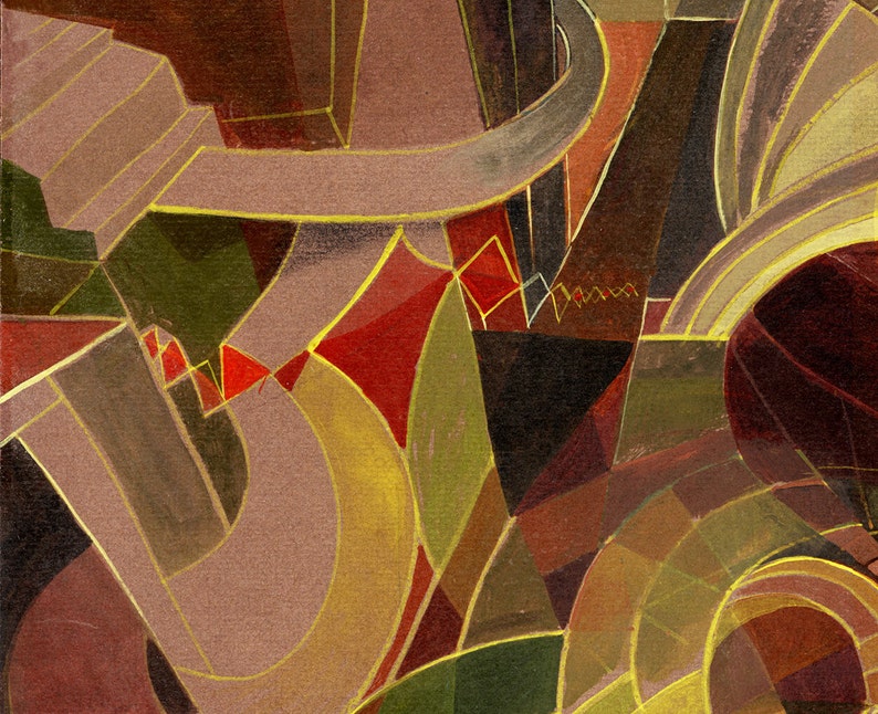 May include: Abstract painting with geometric shapes in shades of brown, red, green, and yellow. The shapes are outlined in gold paint.