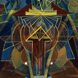 Peut inclure: Peinture abstraite avec des formes g&eacute;om&eacute;triques dans des tons de bleu, marron, jaune et rouge. La peinture pr&eacute;sente une forme de diamant centrale avec un plus petit diamant &agrave; l'int&eacute;rieur, entour&eacute; de cercles et de triangles qui se chevauchent.