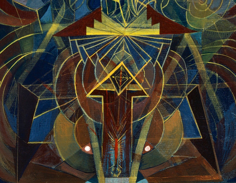 Peut inclure: Peinture abstraite avec des formes g&eacute;om&eacute;triques dans des tons de bleu, marron, jaune et rouge. La peinture pr&eacute;sente une forme de diamant centrale avec un plus petit diamant &agrave; l'int&eacute;rieur, entour&eacute; de cercles et de triangles qui se chevauchent.