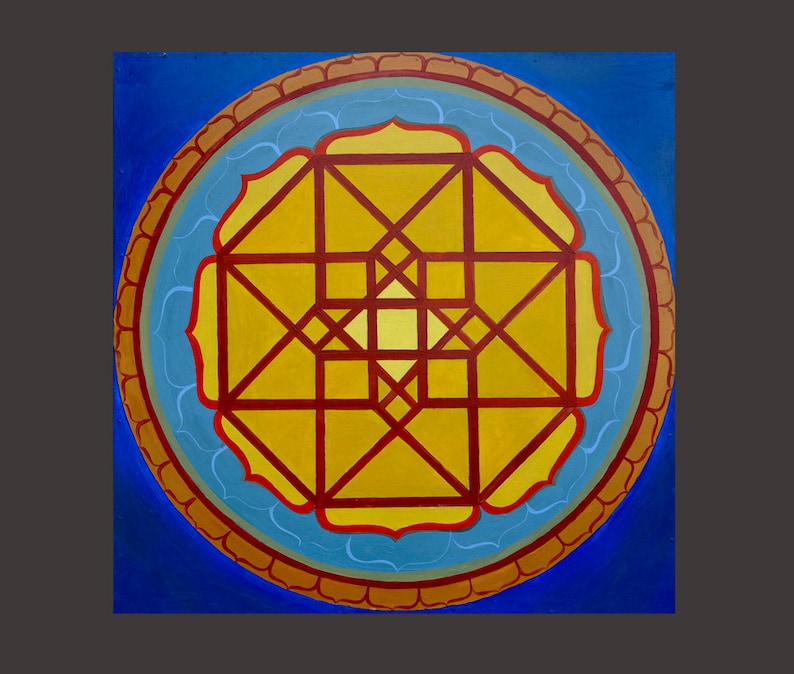 May include: A circular mandala design with a yellow centre and red lines. The mandala is surrounded by a blue background and a brown border.