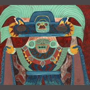 May include: A painting of a colorful, stylized figure with a large headdress and a mask. The figure is wearing a blue and green robe with gold accents. The background is a deep red.