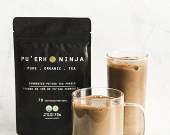 Organic Pu'Erh Ninja Fermented Black Matcha Tea. 70 servings. Non-bitter. Cold water soluble.