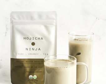 Premium Grade Organic Hojicha Roasted Green Tea Powder. 70 servings. Non-bitter. Cold water soluble.