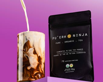 Organic Pu'Erh Ninja Fermented Black Matcha Tea. 70 servings. Non-bitter. Cold water soluble.