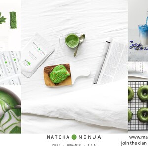 Pu&ograve; includere: Un collage di immagini che mostrano la polvere di t&egrave; verde matcha e vari modi per gustarla. Le immagini includono una tazza di latte al matcha, un donut al matcha, un toast all'avocado con matcha e un pacchetto di polvere di matcha. Il testo "MATCHA NINJA" &egrave; presente nell'immagine.