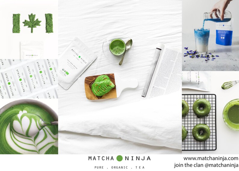 Pu&ograve; includere: Un collage di immagini che mostrano la polvere di t&egrave; verde matcha e vari modi per gustarla. Le immagini includono una tazza di latte al matcha, un donut al matcha, un toast all'avocado con matcha e un pacchetto di polvere di matcha. Il testo "MATCHA NINJA" &egrave; presente nell'immagine.