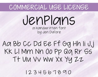 May include: A handwritten font called "Jenplans" by Jen Dufore. The font includes uppercase letters, numbers, and punctuation marks. The text "The quick brown fox jumps over the lazy dog." is displayed in the font.