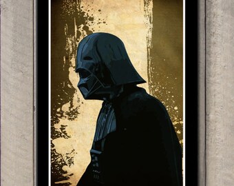 Peut inclure: Une illustration en noir et blanc de Dark Vador de Star Wars. L'image est sur un fond brun et jaune avec un effet grunge.
