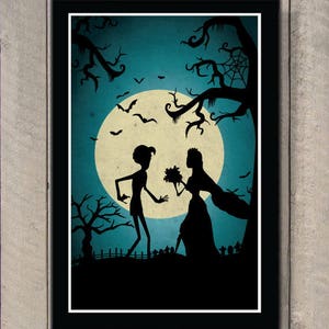 May include: Silhouette of a couple in a graveyard under a full moon. The man is holding a bouquet of flowers and the woman is wearing a wedding dress. The image is in a dark blue and black color scheme.