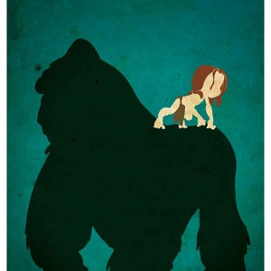 May include: A silhouette of a gorilla with a small, brown-haired boy riding on its back. The background is a teal green color.