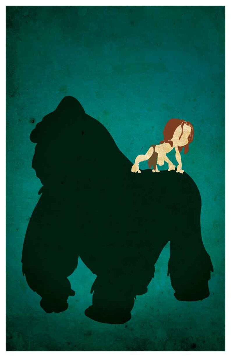 May include: A silhouette of a gorilla with a small, brown-haired boy riding on its back. The background is a teal green color.