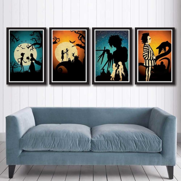 Burton movie poster set -Nightmare Before Christmas, Edward Scissorhands, Beetlejuice, Corpse Bride