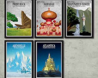 May include: Five framed art prints featuring iconic locations. "Pride Rock" shows a landscape with a rock formation. "Agrabah" depicts a palace. "Rapunzel's Tower" shows a tower and waterfall. "Arendelle" shows icy mountains. "Atlantica" shows an underwater castle.
